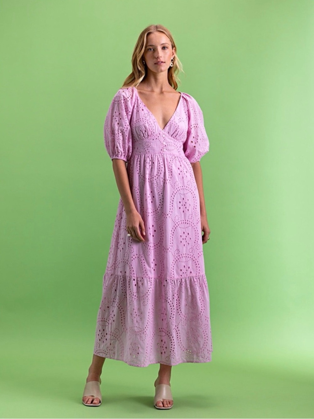 Sanctuary Pink Lilac Eyelet V-Neck Maxi Dress size 12